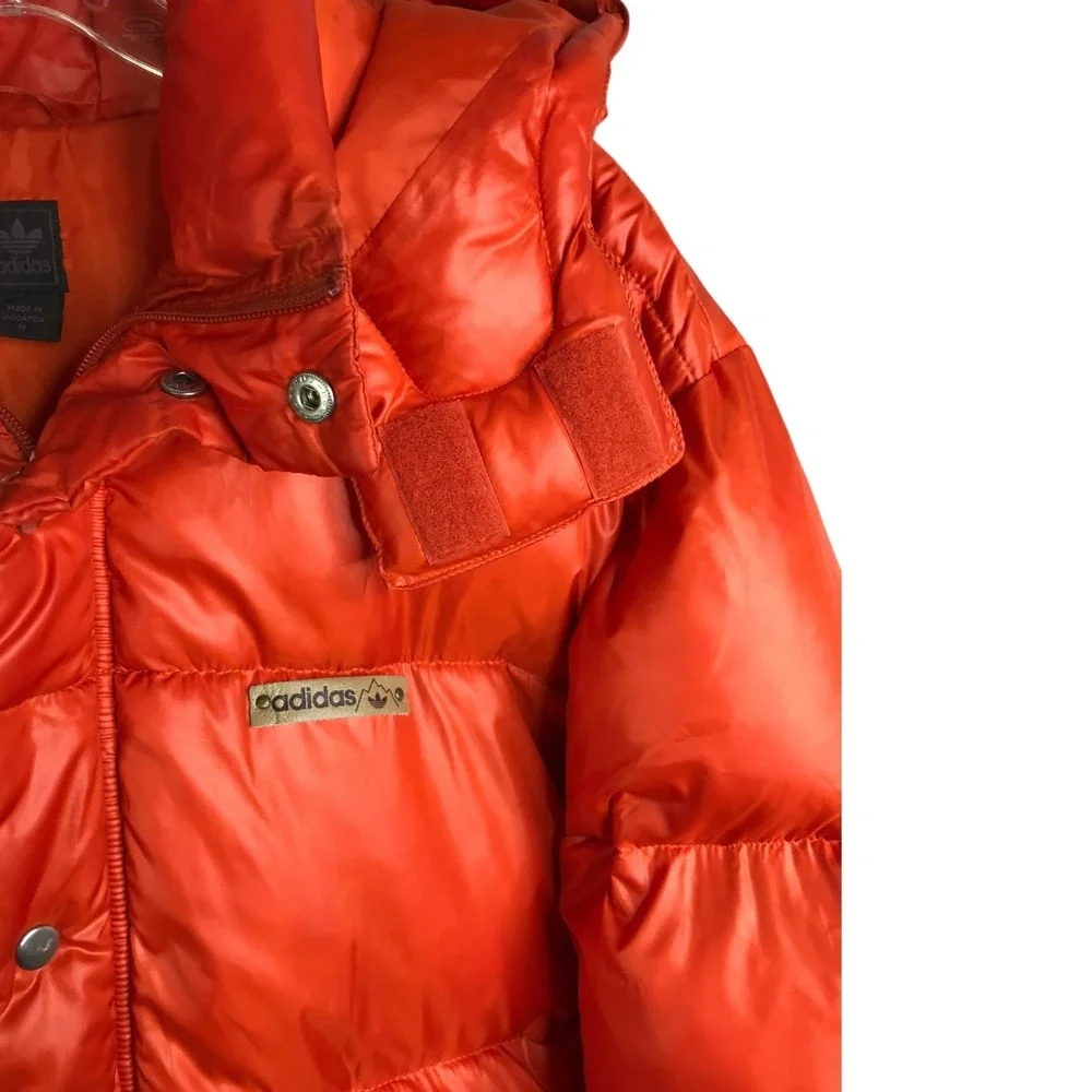 Adidas Puffer Jacket Mens Sz‎ M Bright Orange Detachable Hood Snap Zip Up